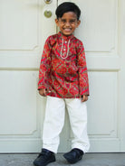 Amara Red Floral Boys Kurta Pajama in Muslin Cotton with Pockets Nimbu