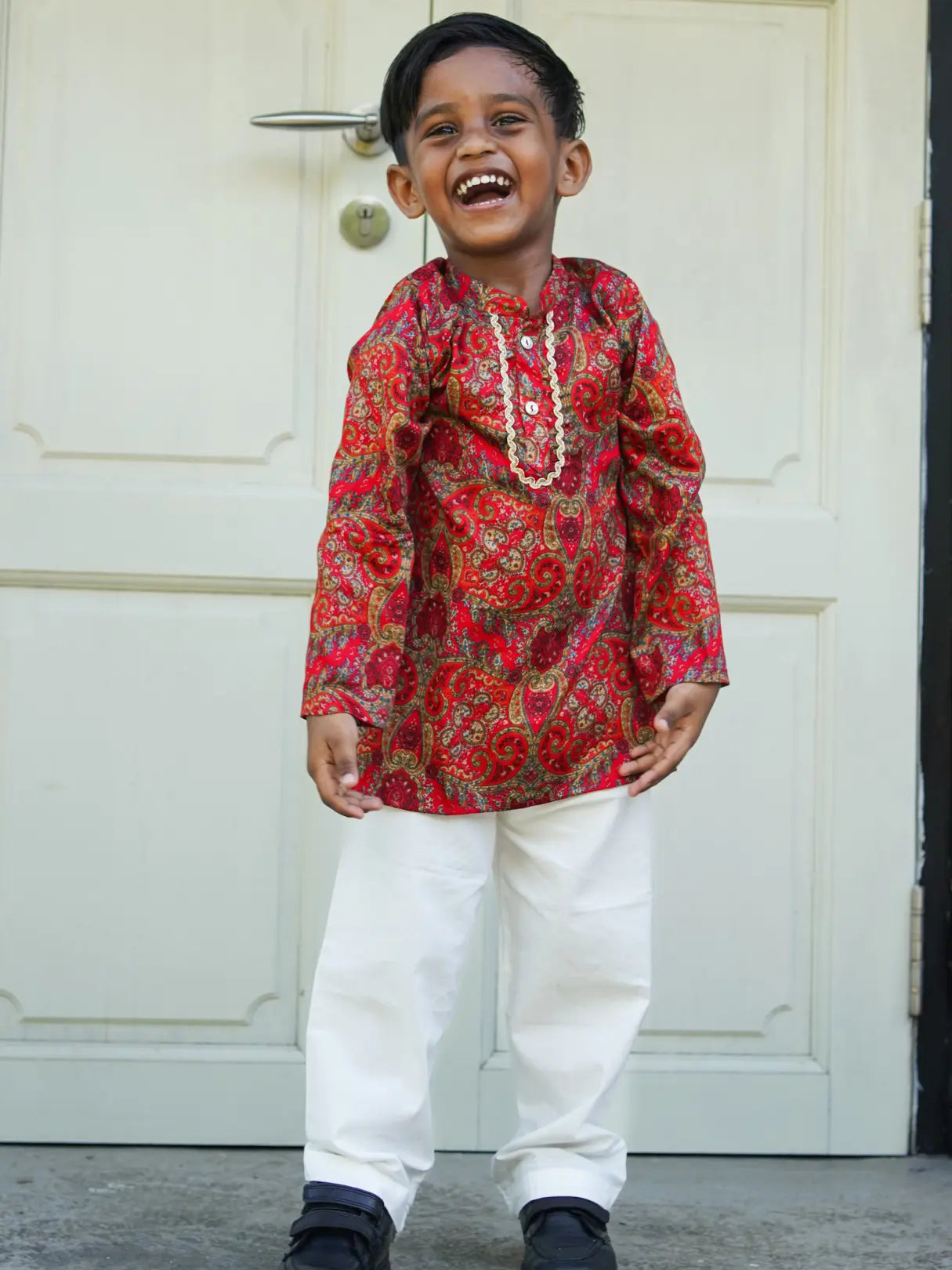 Amara Red Floral Boys Kurta Pajama in Muslin Cotton with Pockets Nimbu