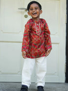 Amara Red Floral Boys Kurta Pajama in Muslin Cotton with Pockets Nimbu