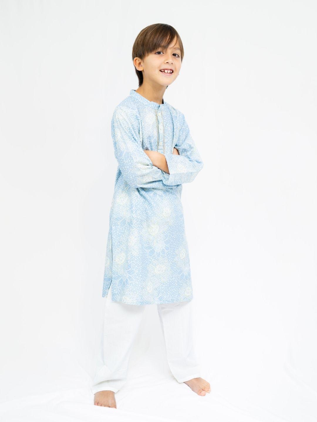 Boy’s light blue embroidered kurta and white pajama set in breathable cotton ethnic wear. - Nimbu