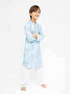 Boy’s light blue embroidered kurta and white pajama set in breathable cotton ethnic wear. - Nimbu