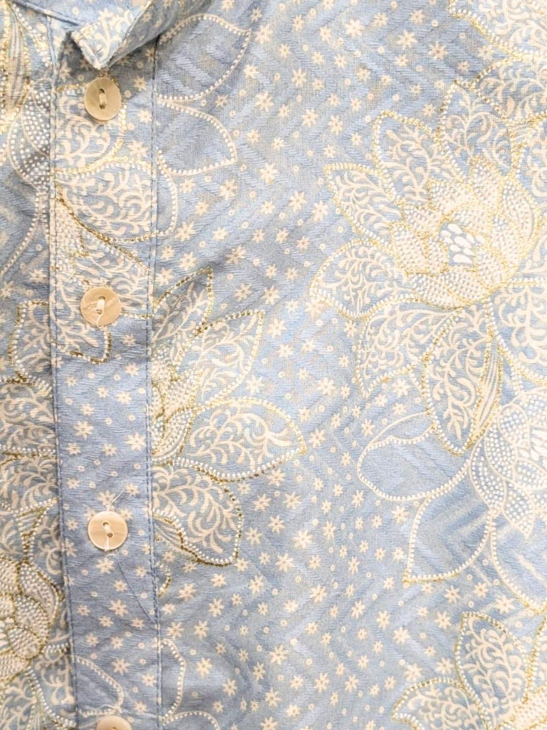Blue cotton men’s kurta with ornate gold floral embroidery and a button front, handcrafted Indian ethnic wear. - Nimbu