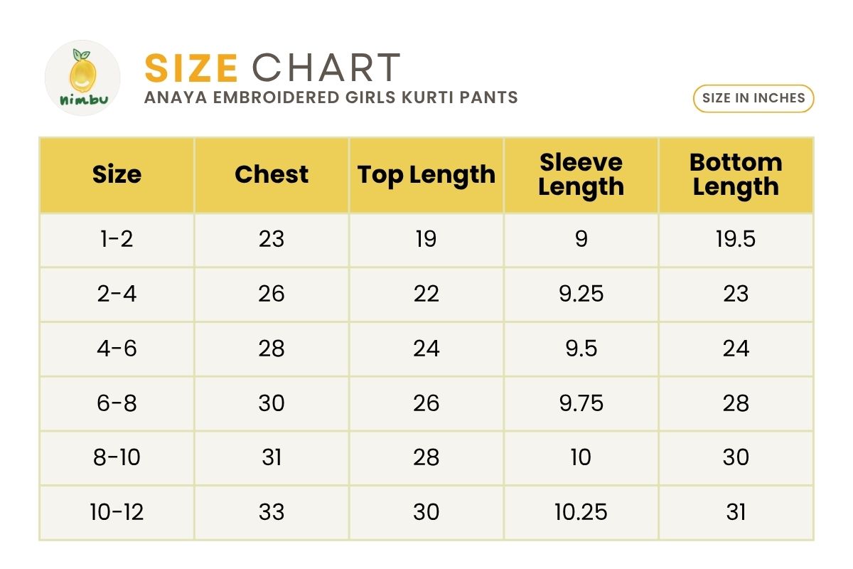 Size guide for Anaya Pink Embroidered Girls Lace Kurti Pants with Dupatta