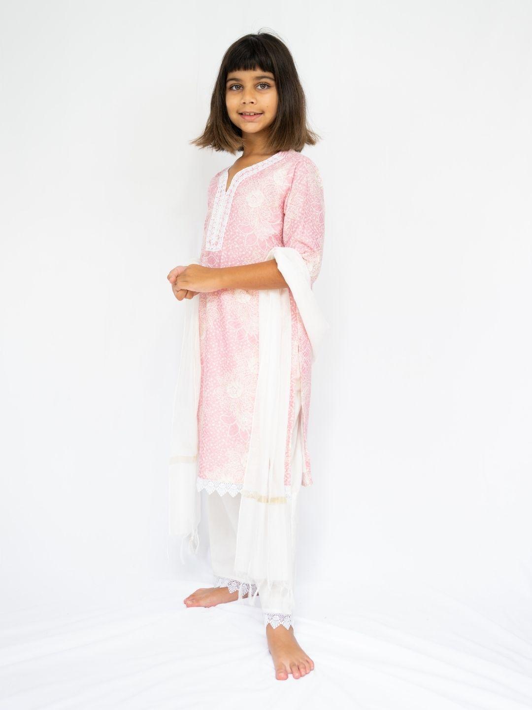 Girls’ pink embroidered cotton kurti with three-quarter sleeves, paired with white pants and a matching dupatta. - Nimbu