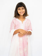 Girls’ pink embroidered cotton kurti with three-quarter sleeves, paired with a sheer white dupatta. - Nimbu