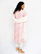 Women’s pink embroidered cotton kurti and white pants with a sheer white dupatta, handcrafted ethnic wear. - Nimbu