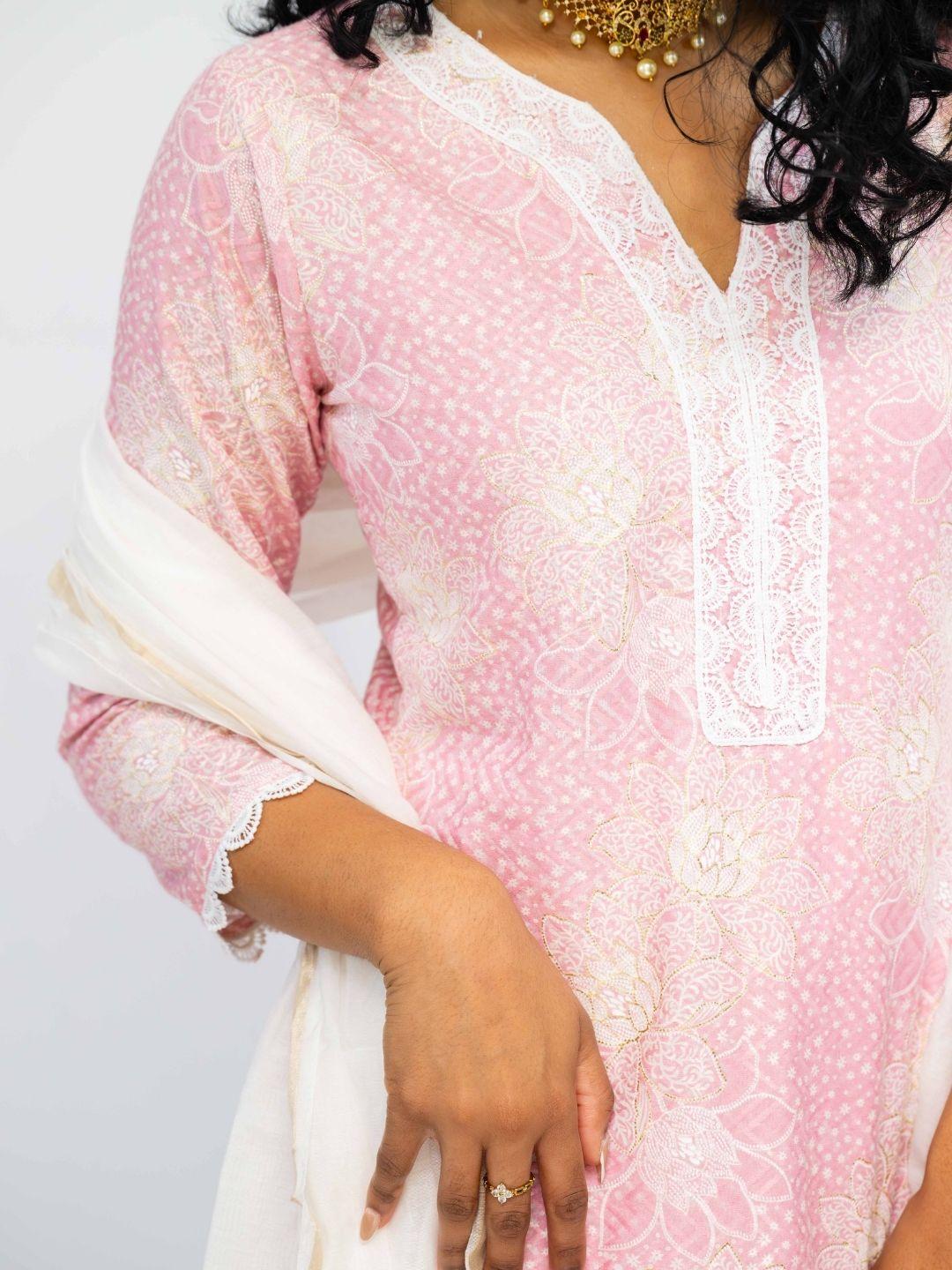 Pink embroidered cotton kurti with white lace trim and a sheer white dupatta, handcrafted Indian ethnic wear. - Nimbu