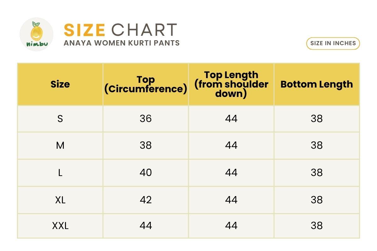Size guide for Anaya Yellow Embroidered Women Lace Kurti Pants with Dupatta