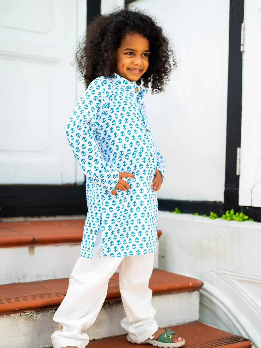 Anchor Blue Handblock Cotton Kurta Pajama Nimbu