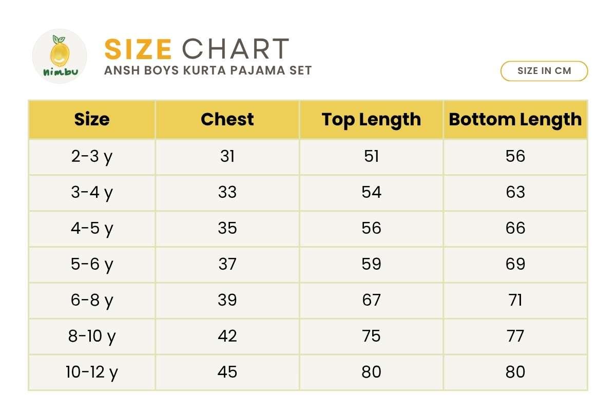 Size guide for Ansh Boys Maroon Kurta Pajama Set in Soft Cotton