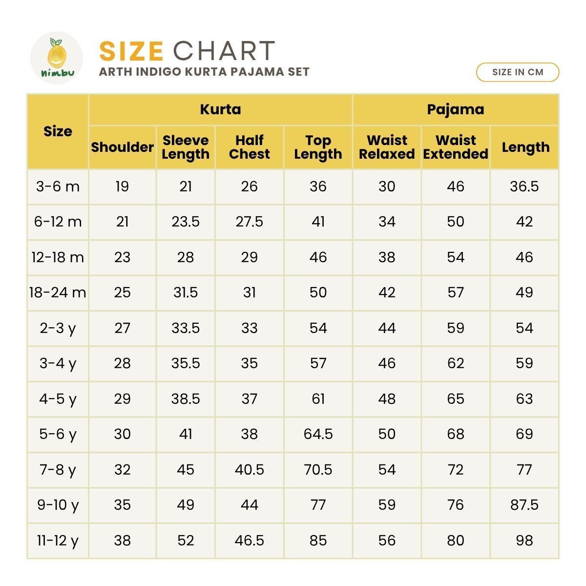Size guide for Arth Indigo Stripes Cotton Kurta Pajama Set in Blue & Silver