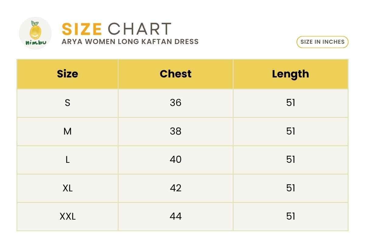 Size guide for Arya Women's Long Kaftan Dress in Metallic Blue with Gold Accents