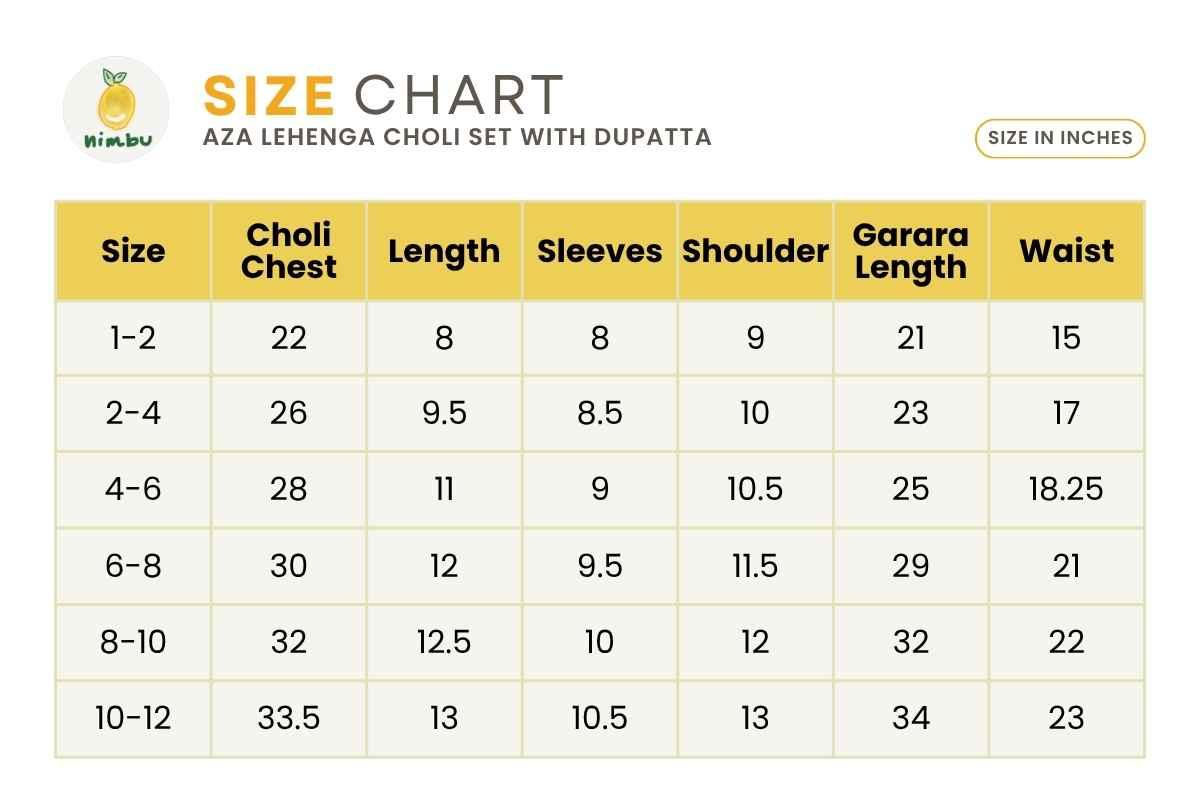 Size guide for Aza Green Lehenga Choli Set with Dupatta in Cotton