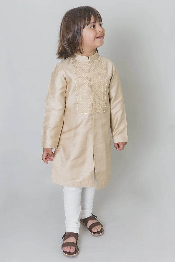 Beige Cross Yoke Kurta Pajama Set - Nimbu Kids for Festive Season, Hari Raya, Weekend Party, Deepavali, Rakhi