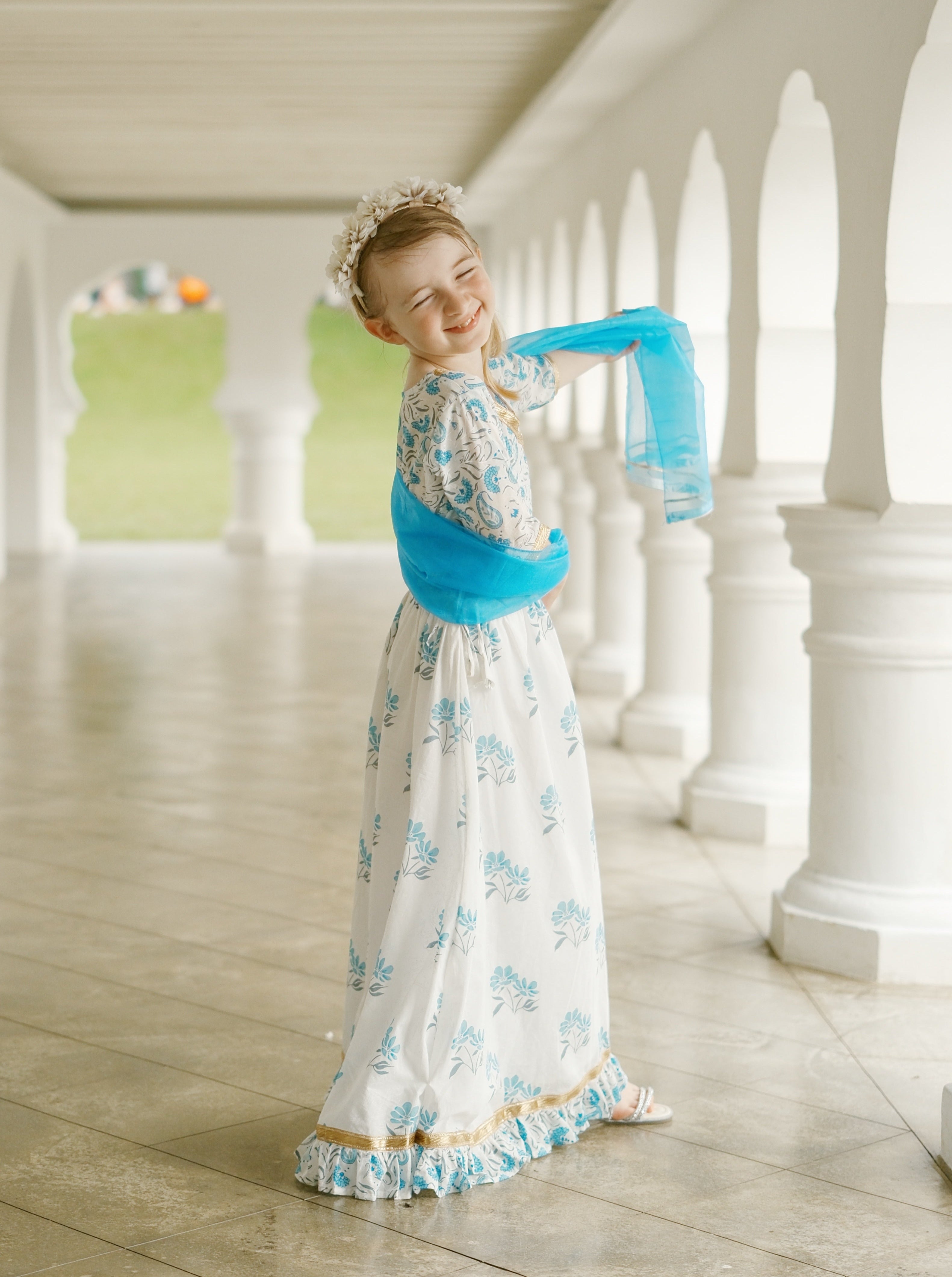  'Fiza' Floral Girls Lehenga Skirt Blouse in White & Blue.