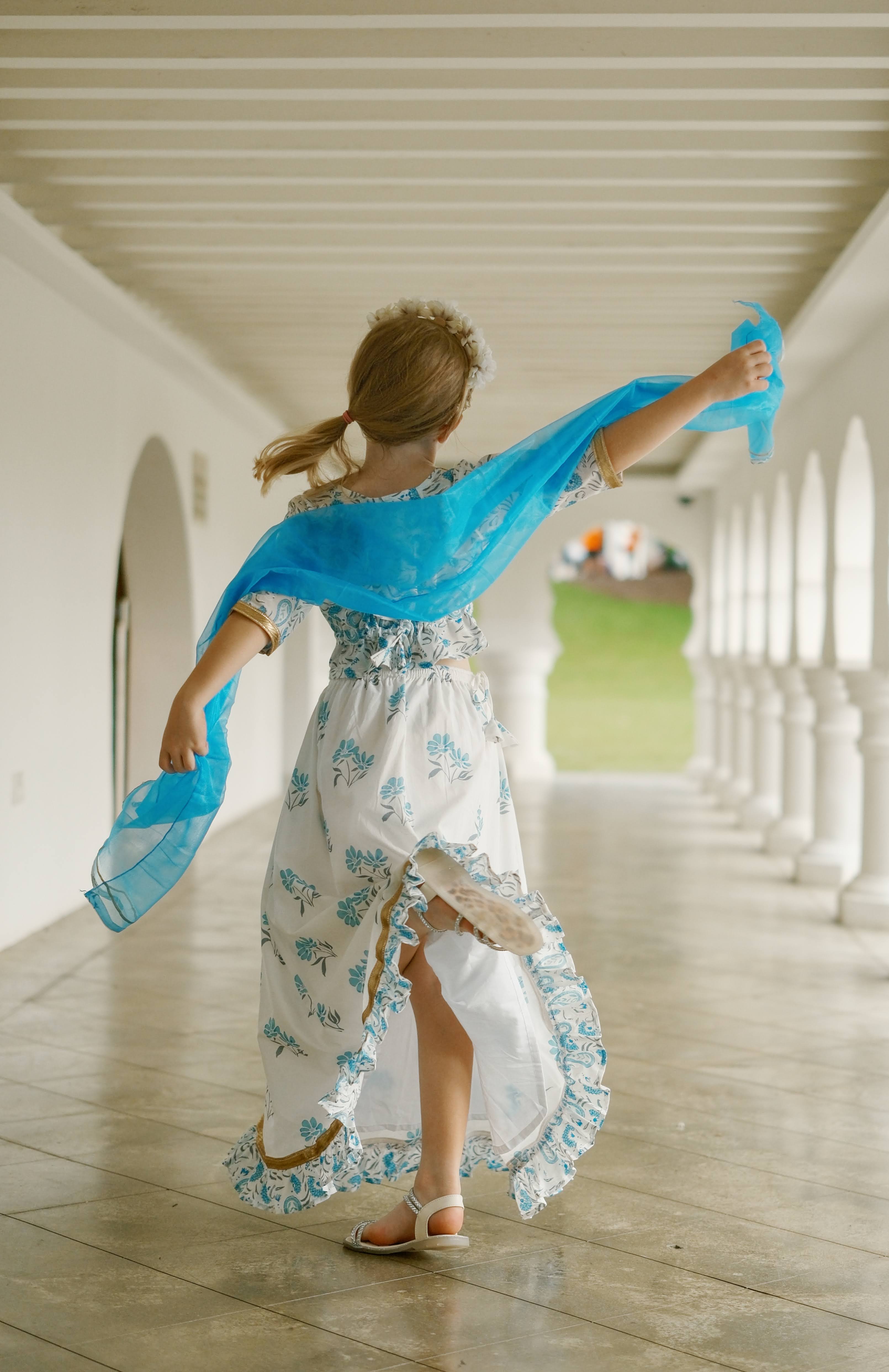  'Fiza' Floral Girls Lehenga Skirt Blouse in White & Blue.