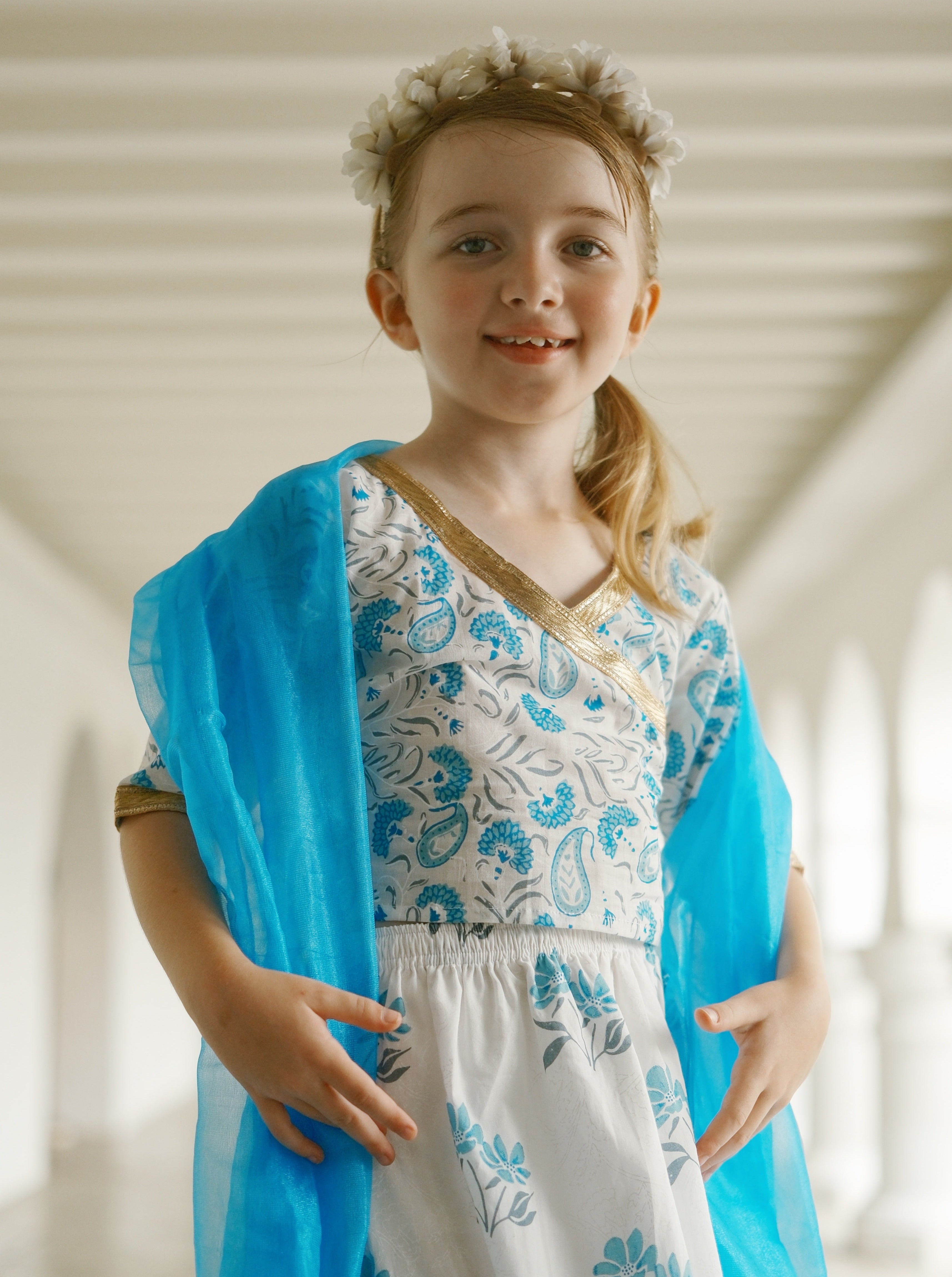  'Fiza' Floral Girls Lehenga Skirt Blouse in White & Blue.