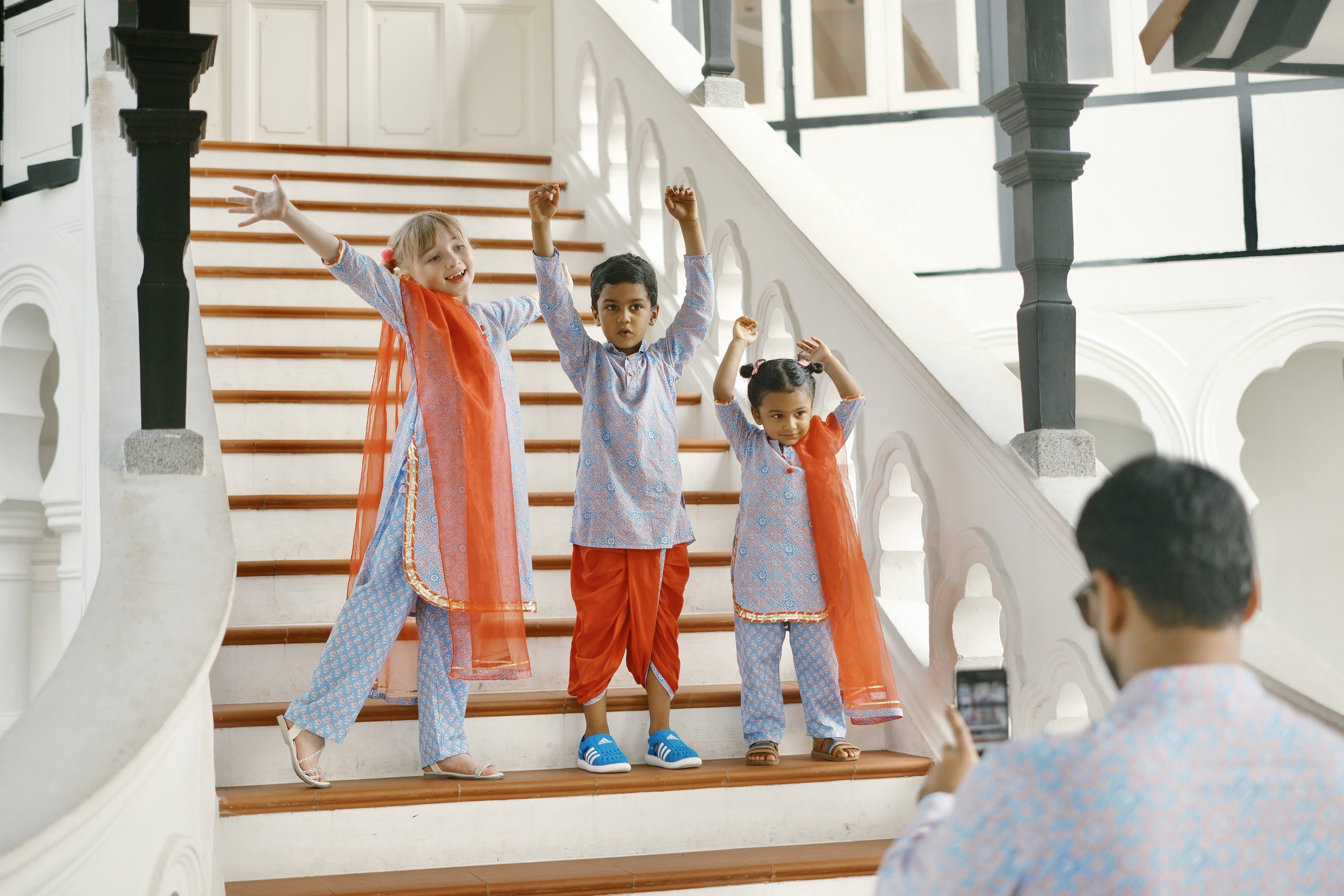 'Fida' Peranakan Inspired Boys Kurta Dhoti in Blue & Red Nimbu Kids Singapore