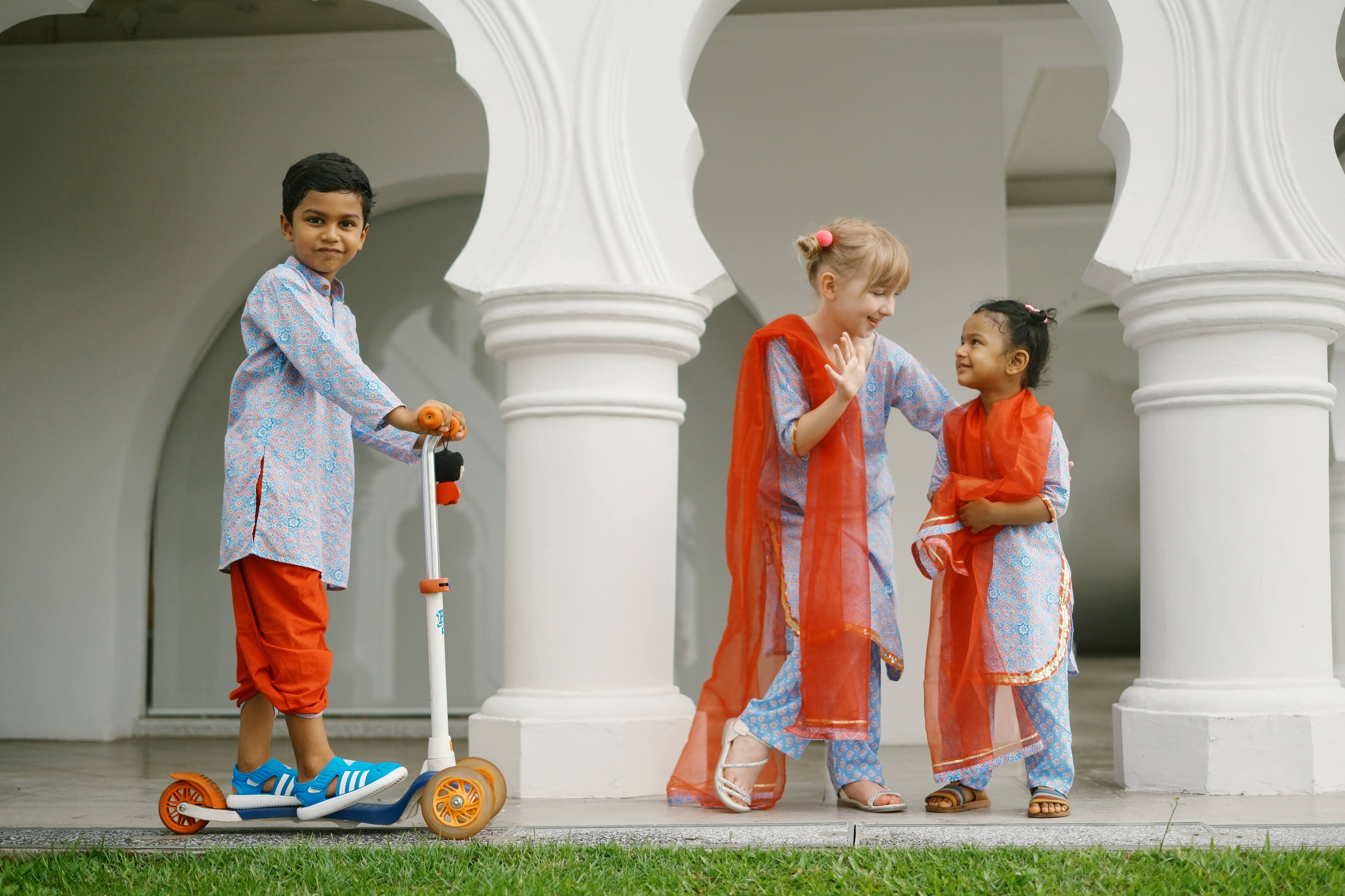 'Fida' Peranakan Inspired Boys Kurta Dhoti in Blue & Red Nimbu Kids Singapore