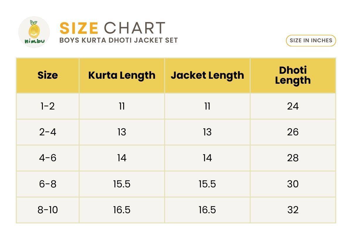 Size guide for Gul Pink Boys Kurta Dhoti Jacket in Cotton