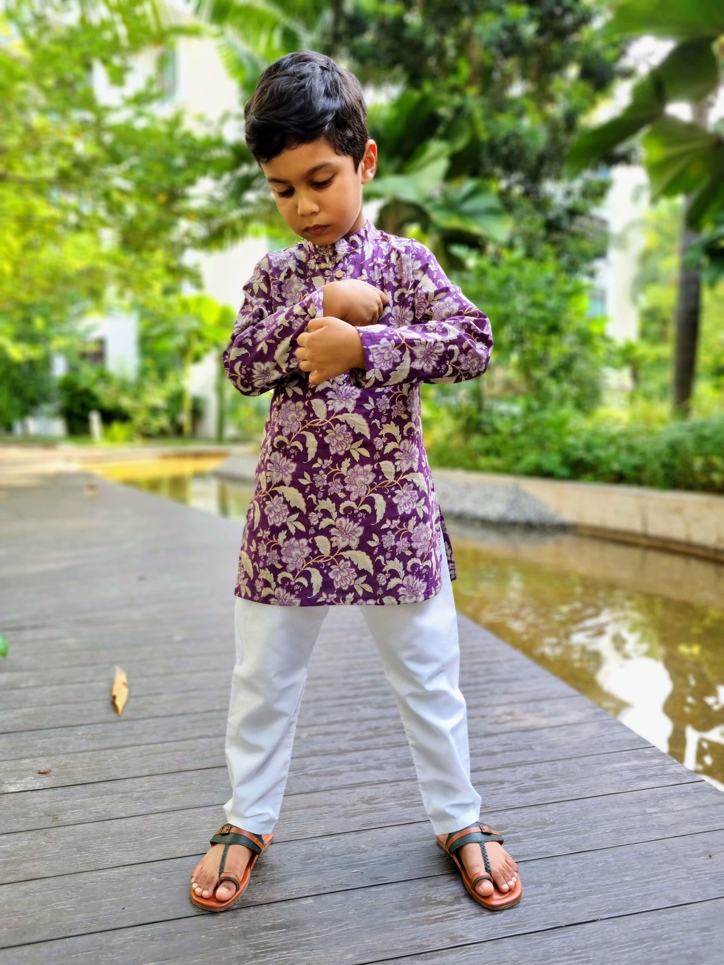 'Naaz' Kurta Pajama Set in Royal Purple Nimbu Kids Singapore