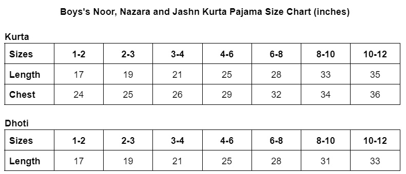 Boys's Noor, Nazara and Jashn Kurta Pajama Size Chart (inches)