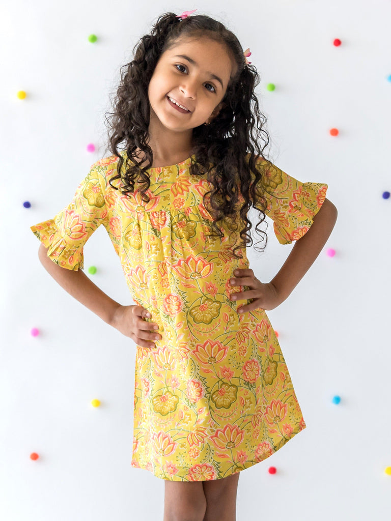 Frilly Floral Trellis Print Frock with Bell Sleeves - Nimbu Kids