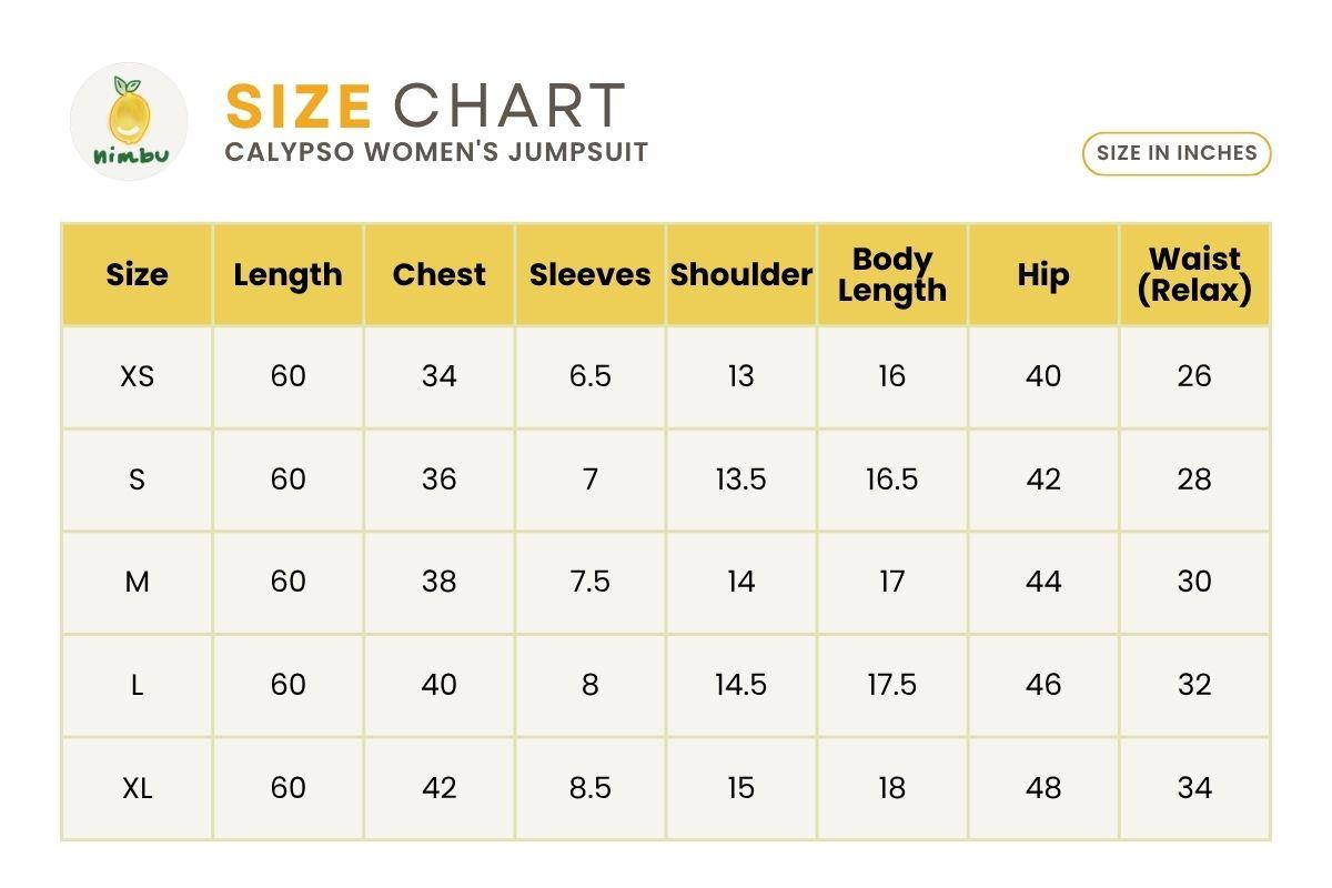 Size guide for Calypso Women's Jumpsuit in Midnight Mosaic