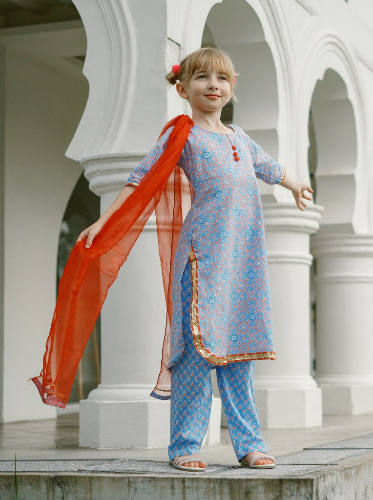 'Fida' Peranakan Inspired Girls Kurti with Pants Set in Blue & Red Nimbu Singapore