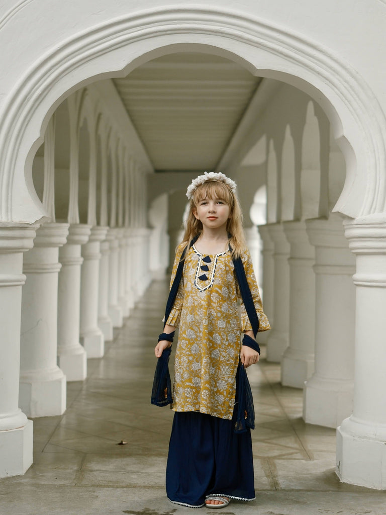 Mustard Floral Girls Kurti Sharara Set in Yellow & Blue indian traditional clothes Singapore