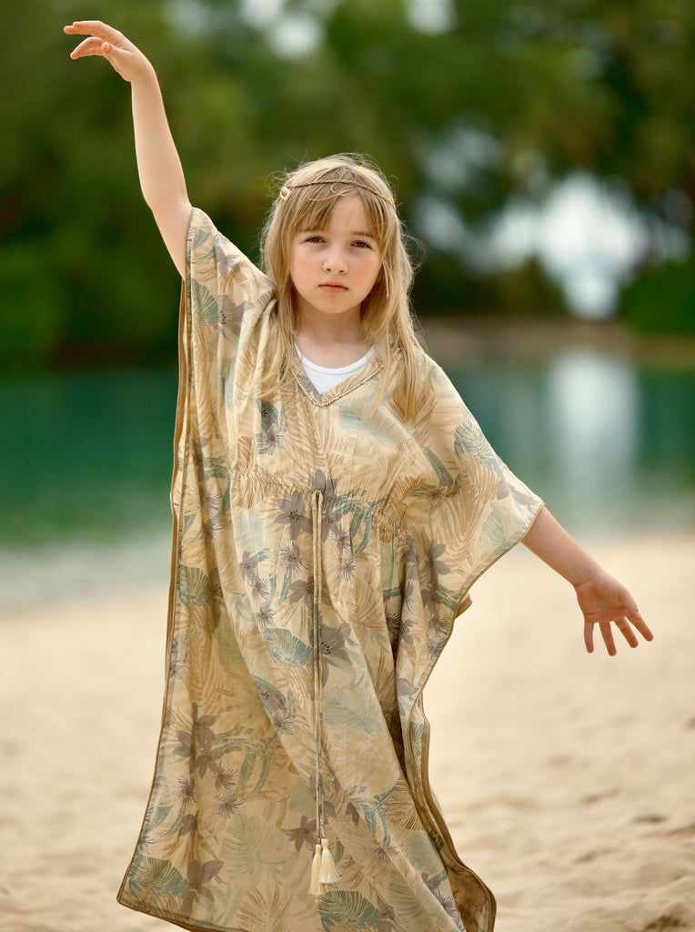 Arya girls' Long Kaftan Dress in blue with Gold Accents