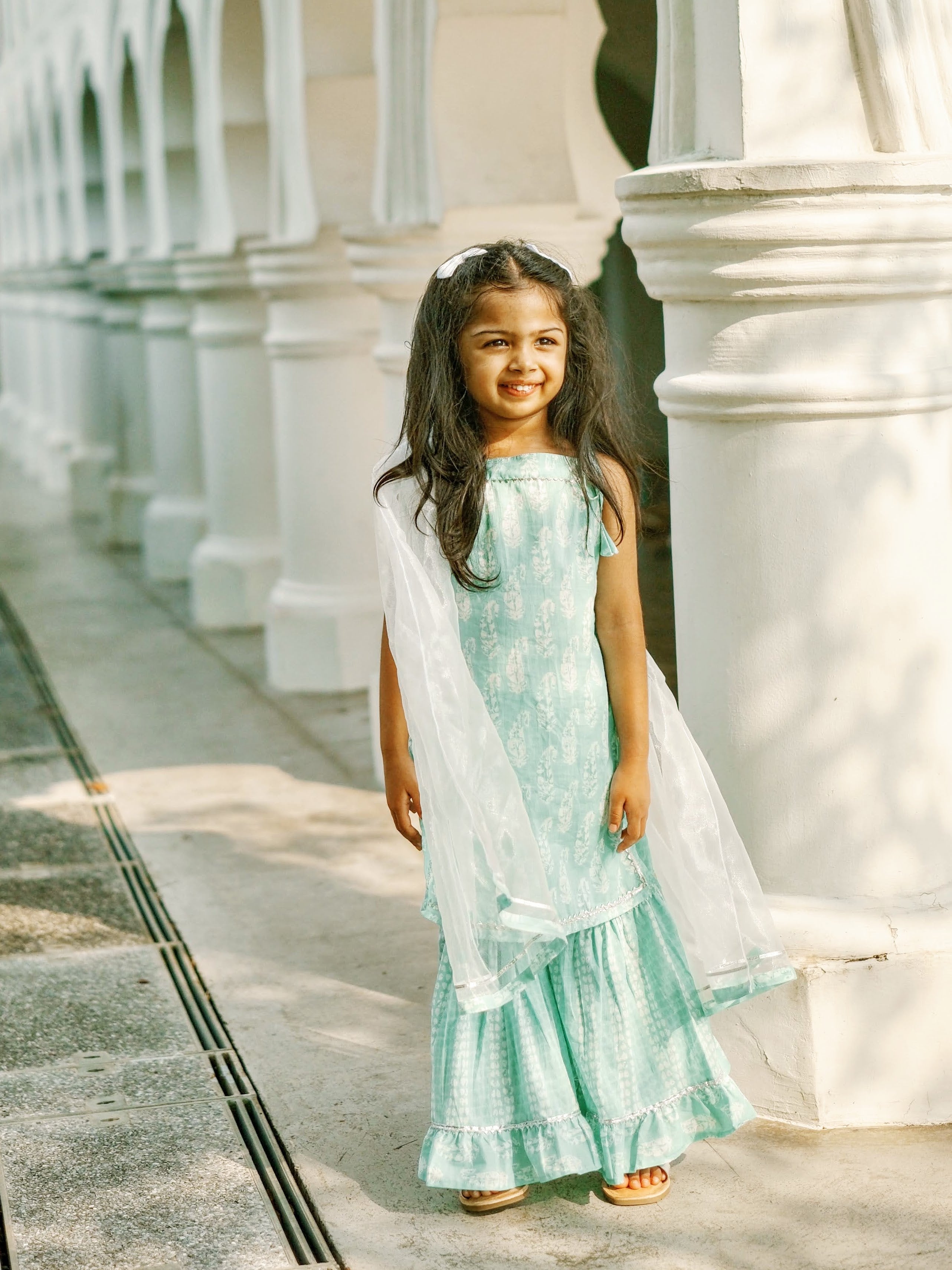 Sea Breeze Paisley Girls Sharara Set in Blue Nimbu Kids Singapore