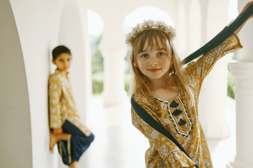 Mustard Floral Girls Kurti Sharara Set in Yellow & Blue matching with boys kurta Nimbu Singapore