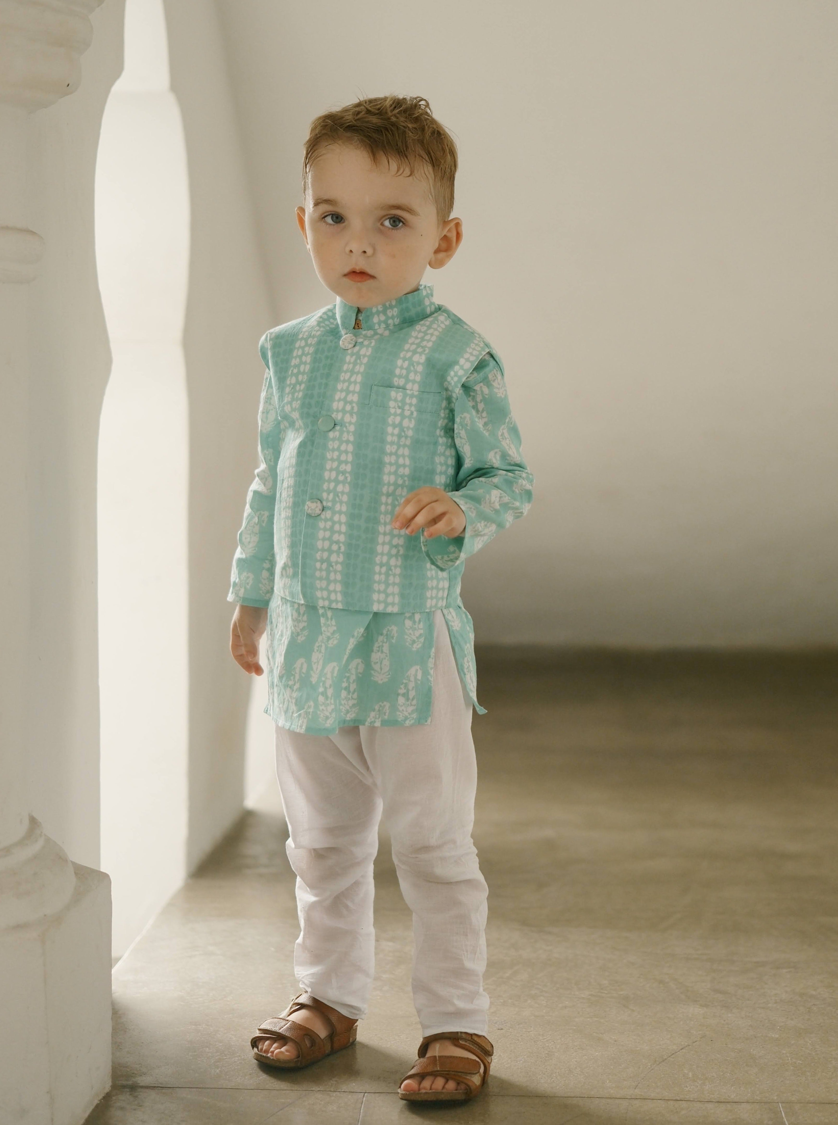 Nimbu Kids Sea Breeze Paisley Boys Kurta Jacket Set in Blue