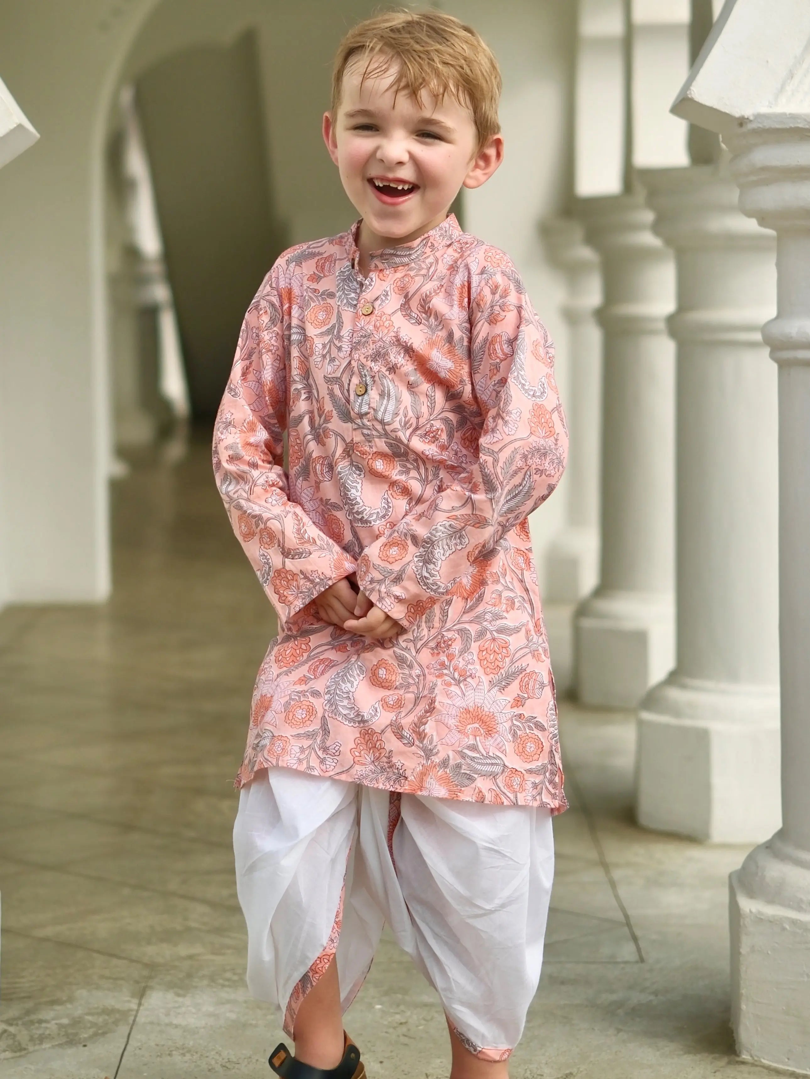 Devi Coral Boys Handblock Kurta Dhoti Nimbu