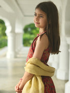 Amara Red Floral Girls Halter Lehenga with Chanderi Dupatta Set in Ice Cool Satin Cotton Nimbu