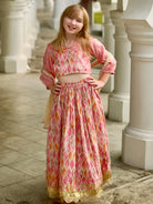 Rooh Pink Girls Lehenga Choli Set with Dupatta in Muslin Cotton Nimbu