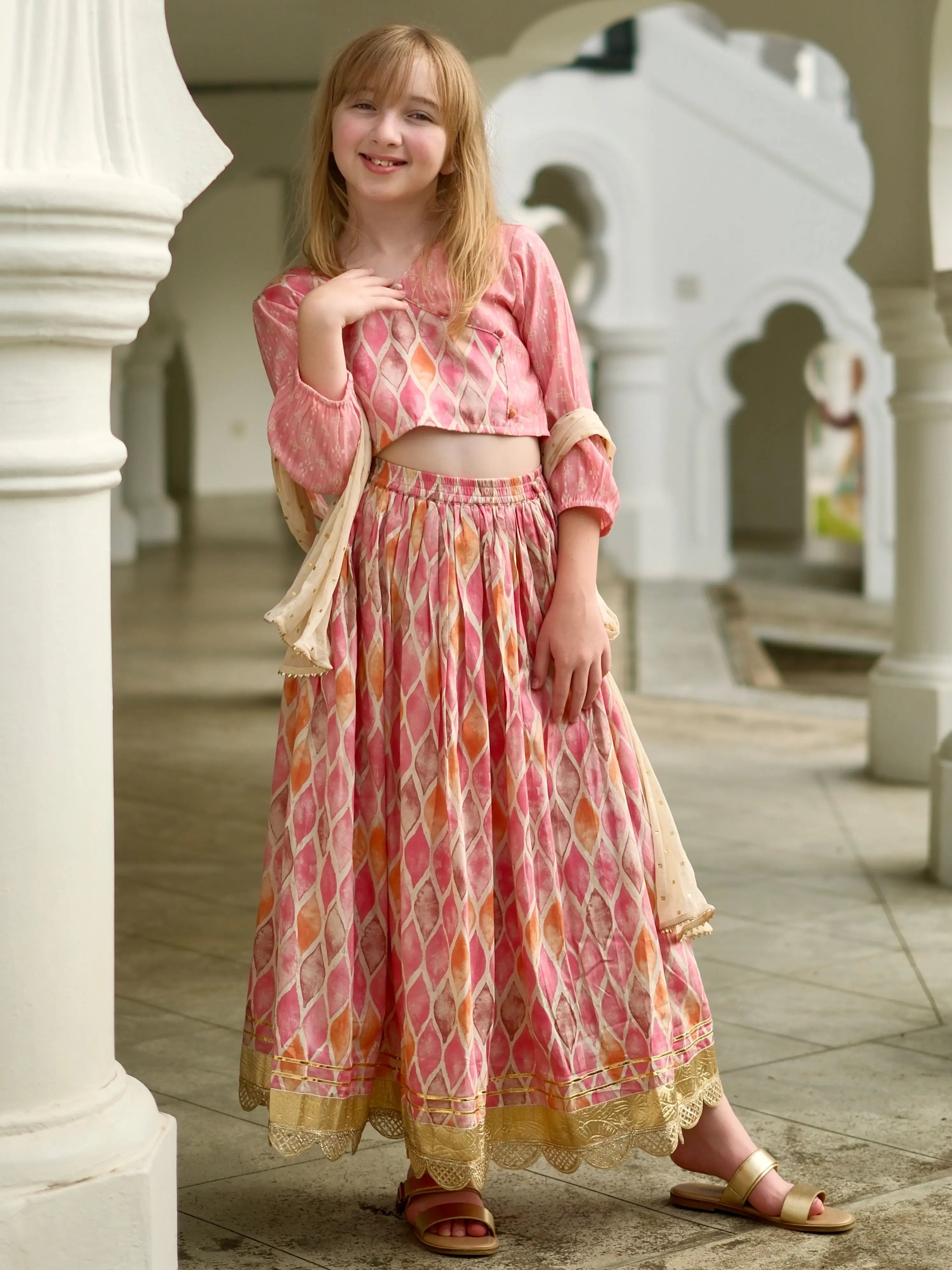 Rooh Pink Girls Lehenga Choli Set with Dupatta in Muslin Cotton Nimbu