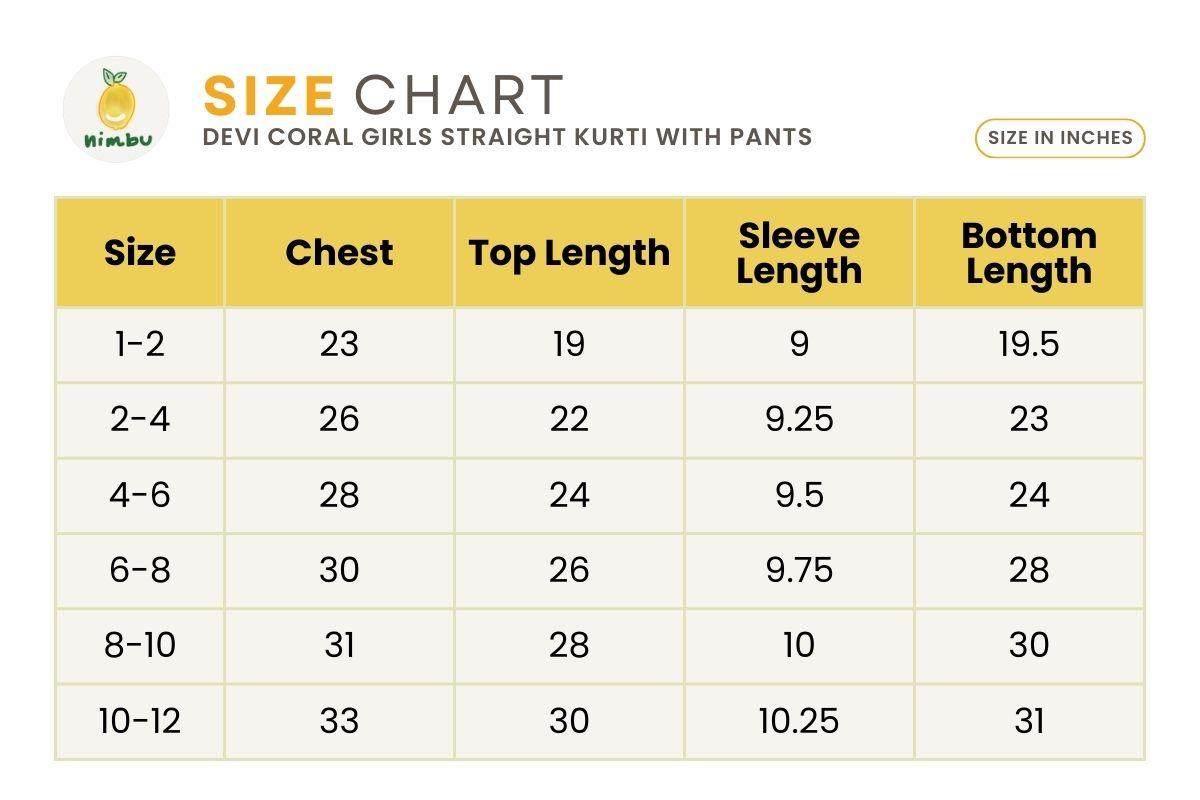 Size guide for Devi Coral Girls Handblock Straight Kurti With Pants