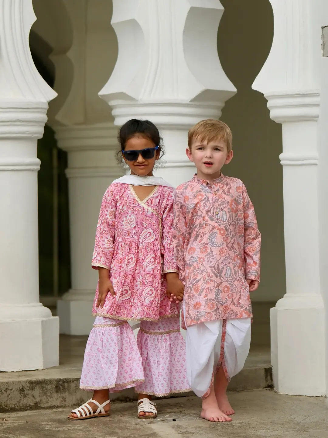 Devi Coral matching kurta dhoti and kurti for brother and sister
