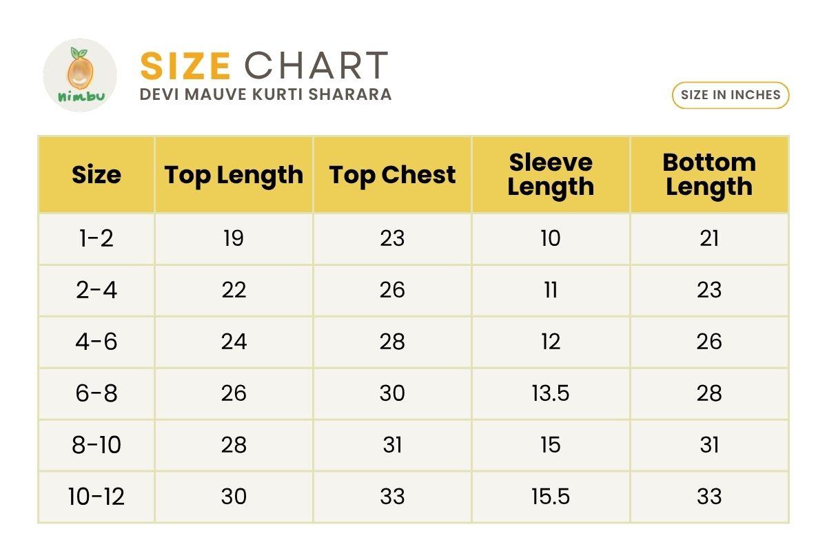Size guide for Devi Mauve Girls Handblock Print Kurti Sharara