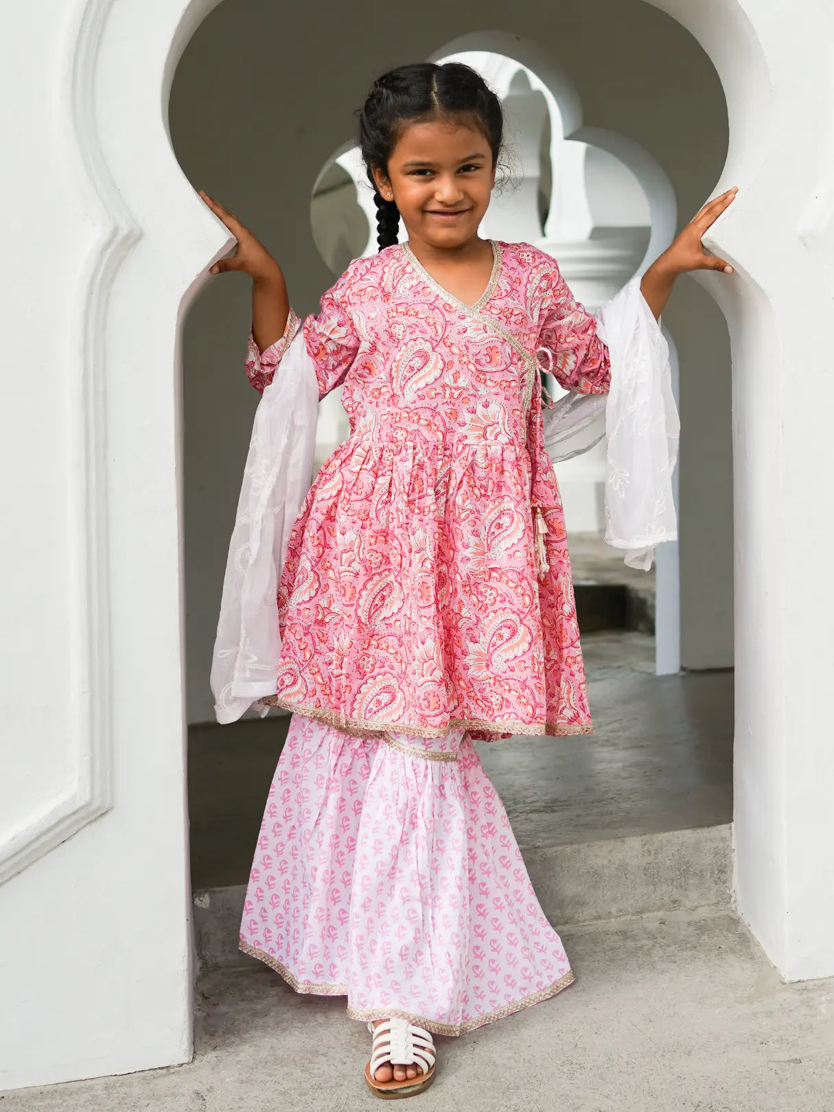 Devi Pink Girls Handblock Print Angarkha Sharara Nimbu