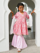 Devi Pink Girls Handblock Print Angarkha Sharara Nimbu