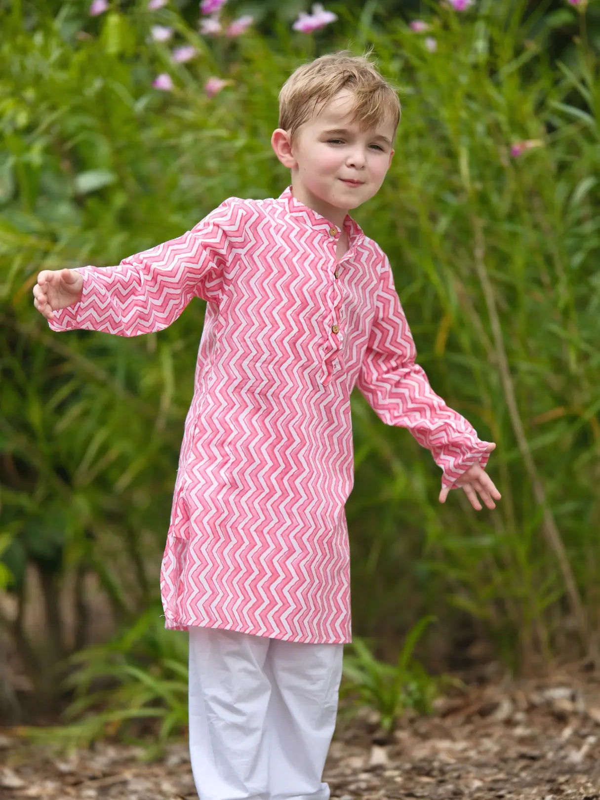 Devi Pink Handblock Zigzag Print Kurta Pajama Nimbu