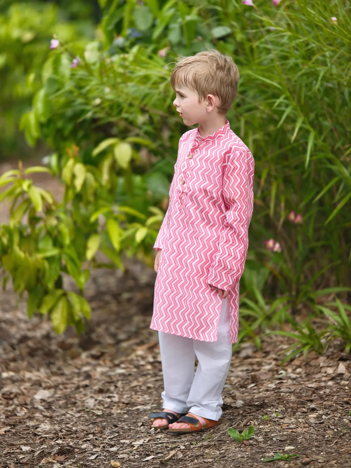 Devi Pink Handblock Zigzag Print Kurta Pajama Nimbu