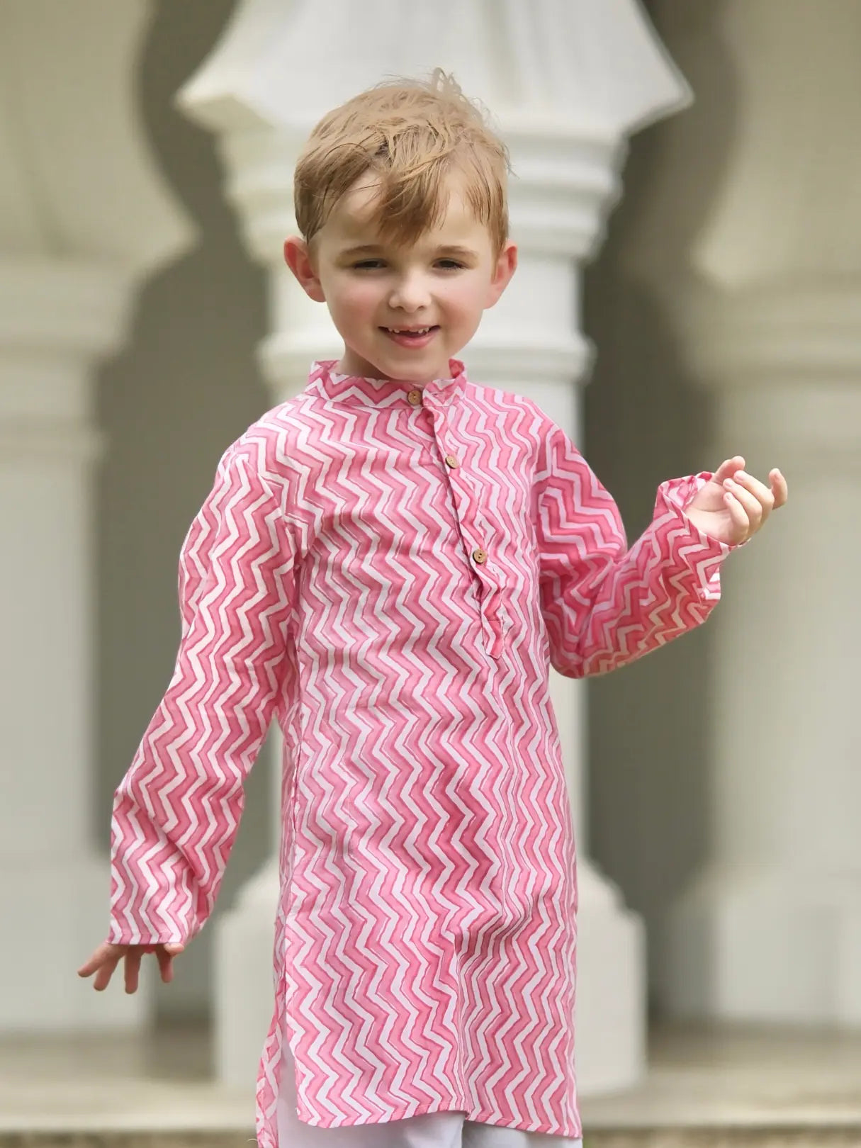 Devi Pink Handblock Zigzag Print Kurta Pajama Nimbu