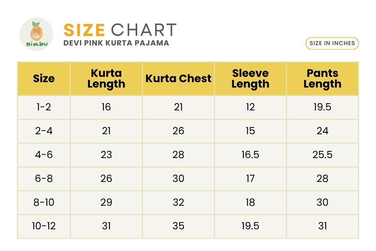 Size guide for Devi Pink Handblock Zigzag Print Kurta Pajama