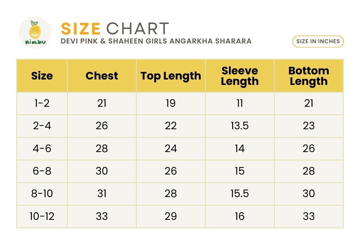 Size guide for Shaheen Blue Angarkha Sharara in Cotton