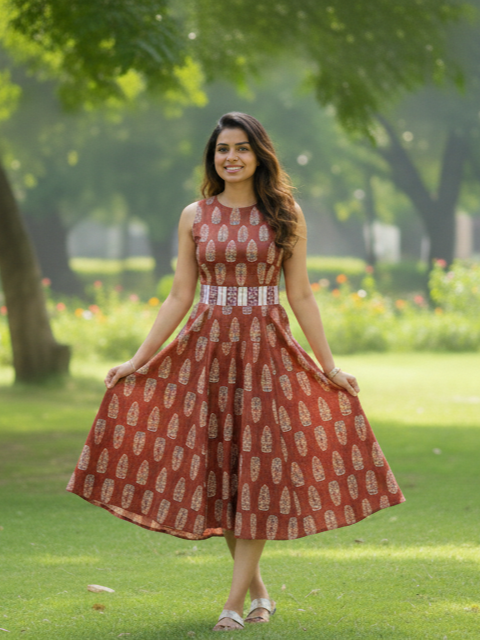Elena Women's Flowy Dress with Belt in Red Booti Nimbu