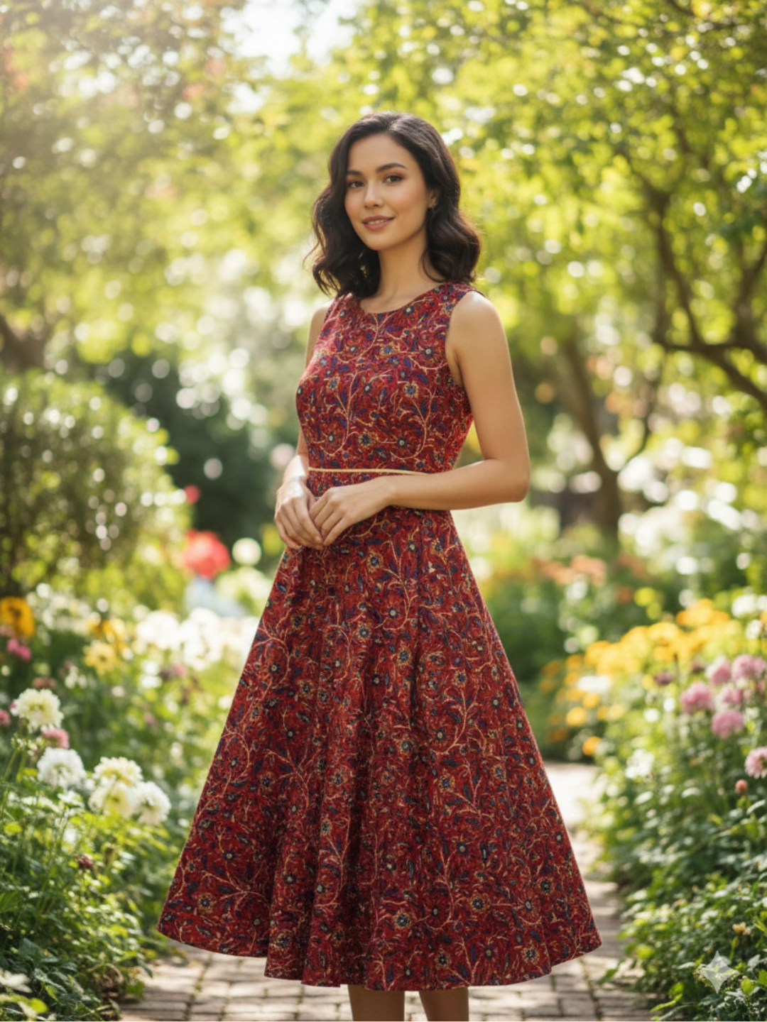 Elena Women's Flowy Dress with Belt in Floral Blue and Red Nimbu